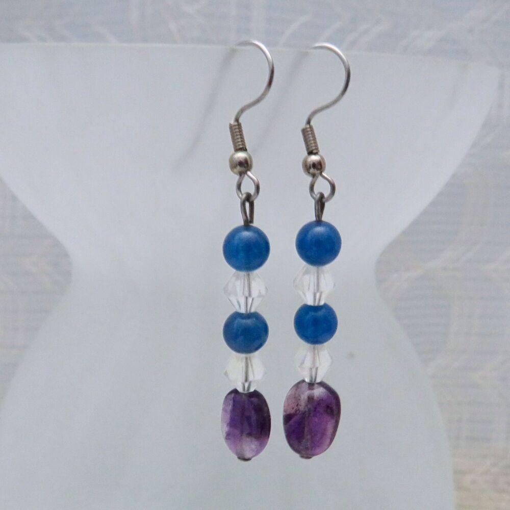 Handmade Dangle Earrings Blue Onyx and Amethyst, Womens Jewelry Business Casual